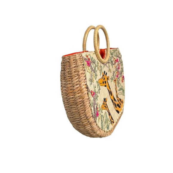 Straw Floral Giraffe Safari Woven Boho Large Purse Handbag bag - Picture 2 of 12
